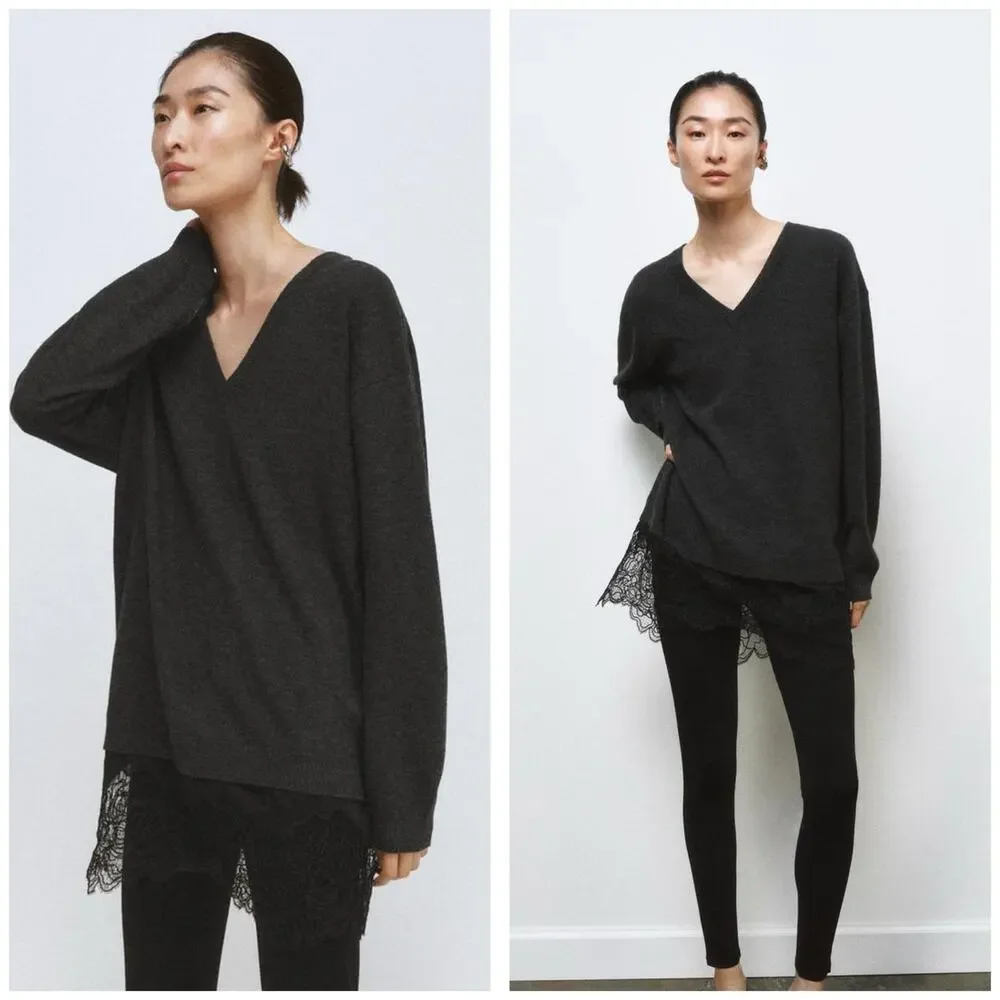 Zara Long Lace Combination Knit Jumper Sweater Size Small Oversized 2756/152